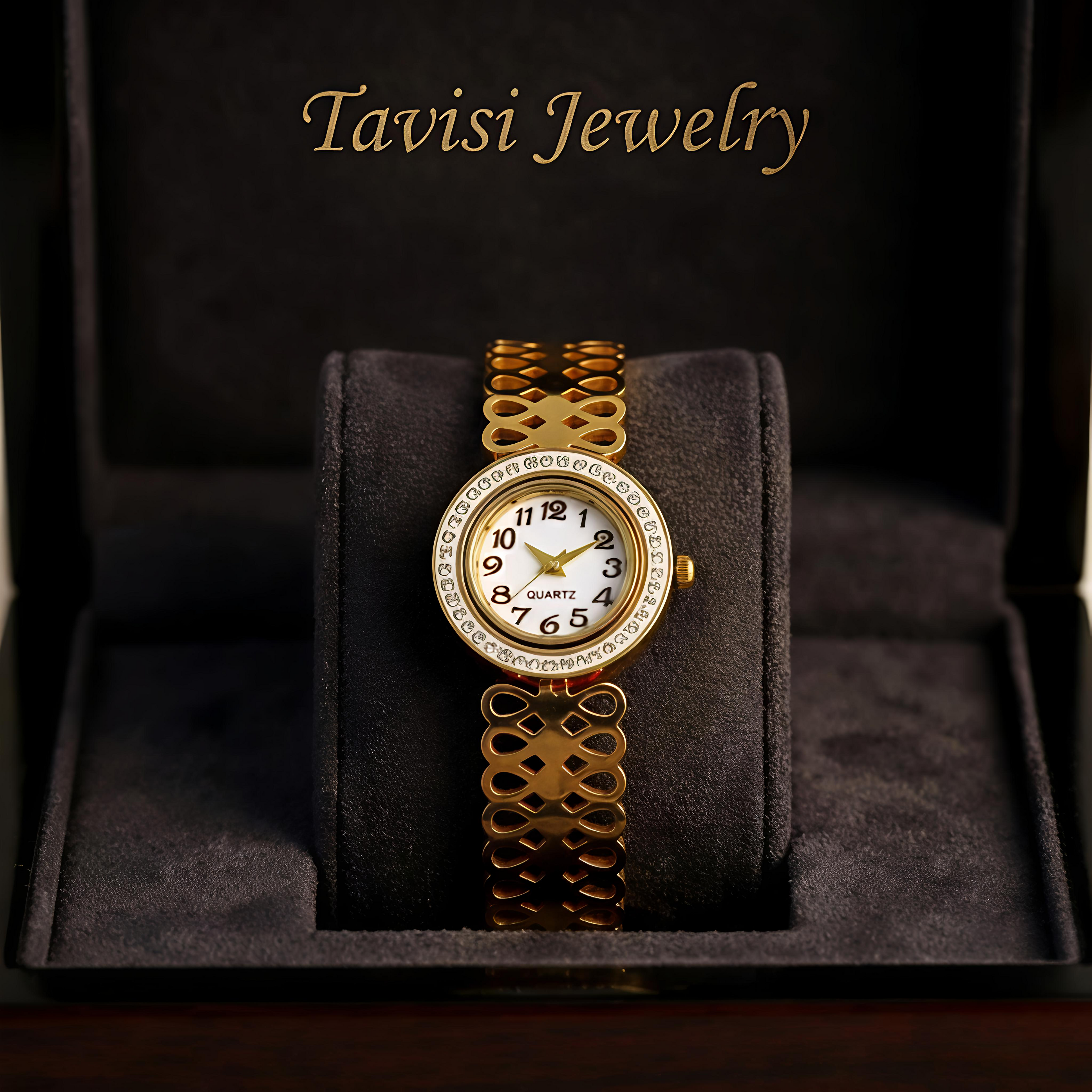 Woman wearing Tavisi Royale AD gold watch bracelet with sparkling American Diamond stones and luxury anti tarnish finish