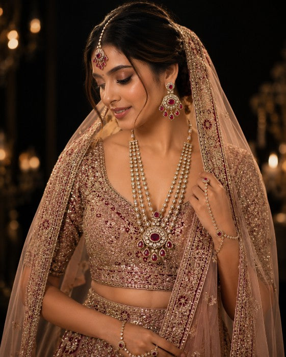 Woman wearing Tavisi Ruby Majesty layered bridal necklace set with AD, CZ, ruby pink stones and mehanti color finish.