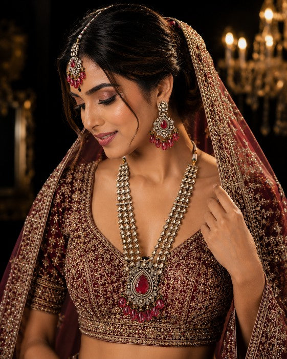 Woman wearing Tavisi Ruby Royale layered bridal necklace set with AD stones, CZ stones, ruby red stones, ruby beads and mehanti color finish.