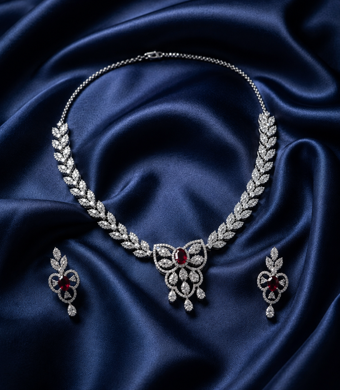 Tavisi ruby AD stone brass necklace set with matching earrings