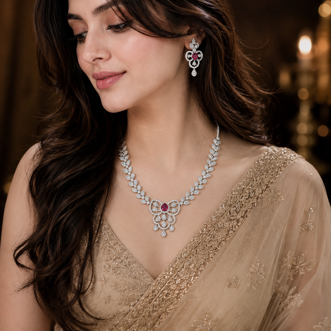Tavisi ruby AD stone bridal necklace and earrings set for women