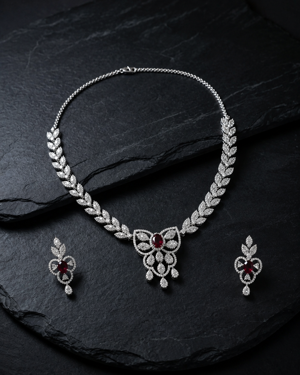 Close-up of Tavisi ruby and AD stone brass necklace with floral pendant