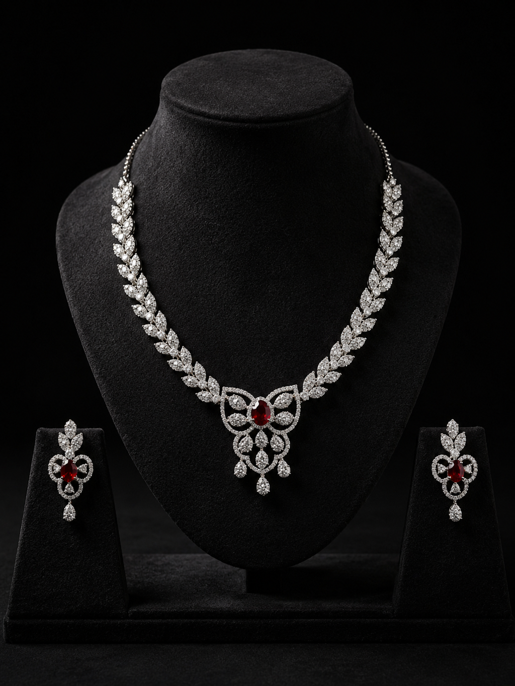 Tavisi ruby AD stone necklace and earrings set with brass jewellery design