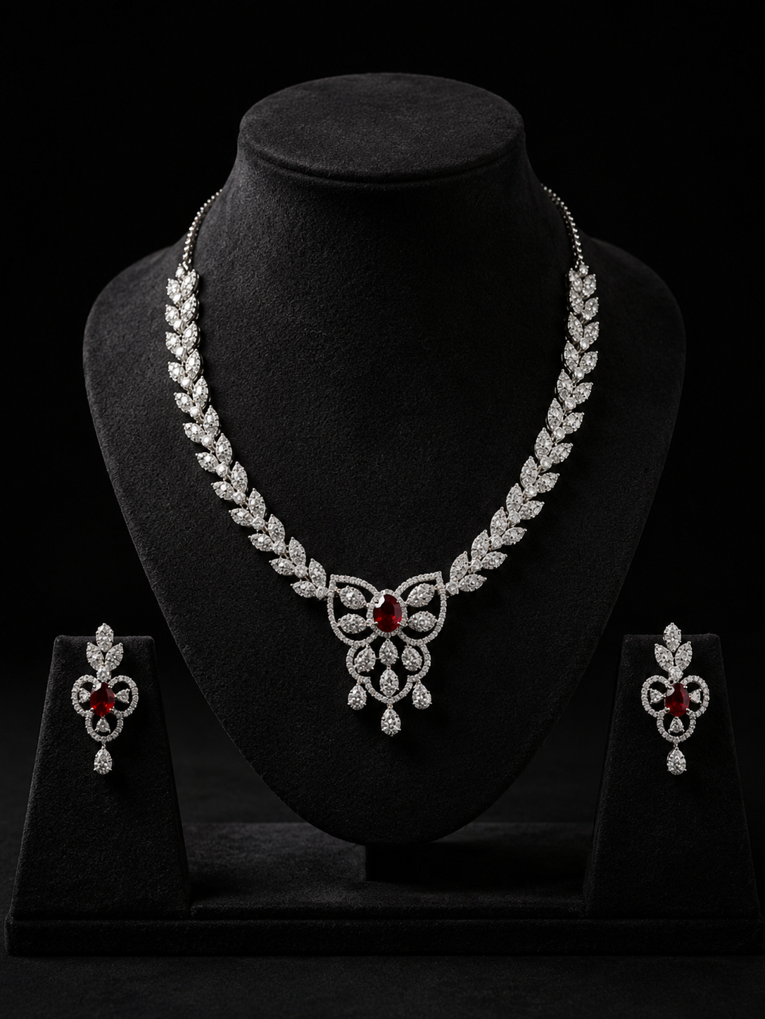 Tavisi ruby AD stone necklace and earrings set with brass jewellery design