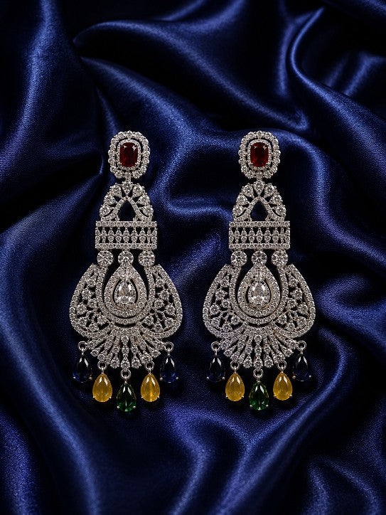 Woman wearing Tavisi Ruby Cascade AD CZ Premium Brass Silver Finish Statement Earrings