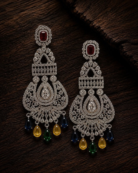 Female model wearing Tavisi Ruby Cascade Premium Brass AD CZ Multicolour Designer Earrings