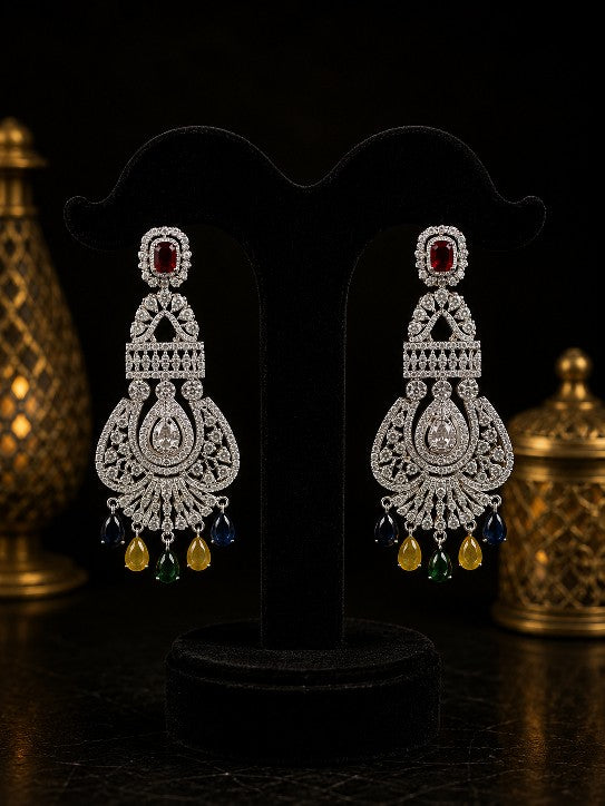 Tavisi Ruby Cascade AD CZ Premium Brass Silver Finish Multicolour Statement Earrings for Women