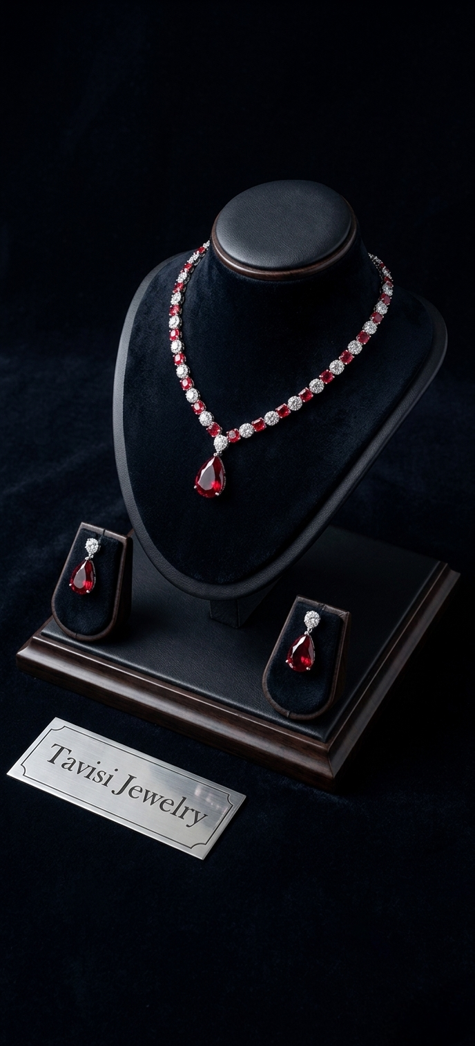Tavisi Ruby Celeste AD CZ Necklace Set Premium Brass Casting Jewellery