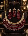 Tavisi Ruby Maharani AD White Stone Ruby Red Bridal Choker Earrings Chutti Set Front View Premium Brass Casting Luxury Jewellery with Long Lasting Shine for Everyday Luxury