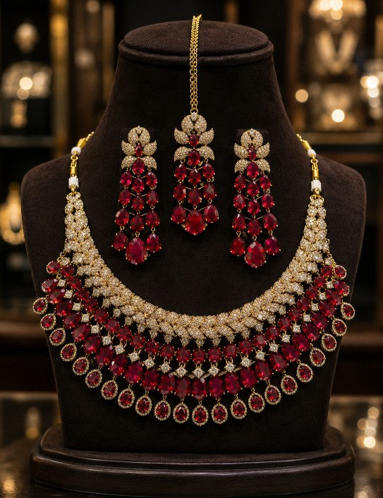Tavisi Ruby Maharani AD White Stone Ruby Red Bridal Choker Earrings Chutti Set Front View Premium Brass Casting Luxury Jewellery with Long Lasting Shine for Everyday Luxury