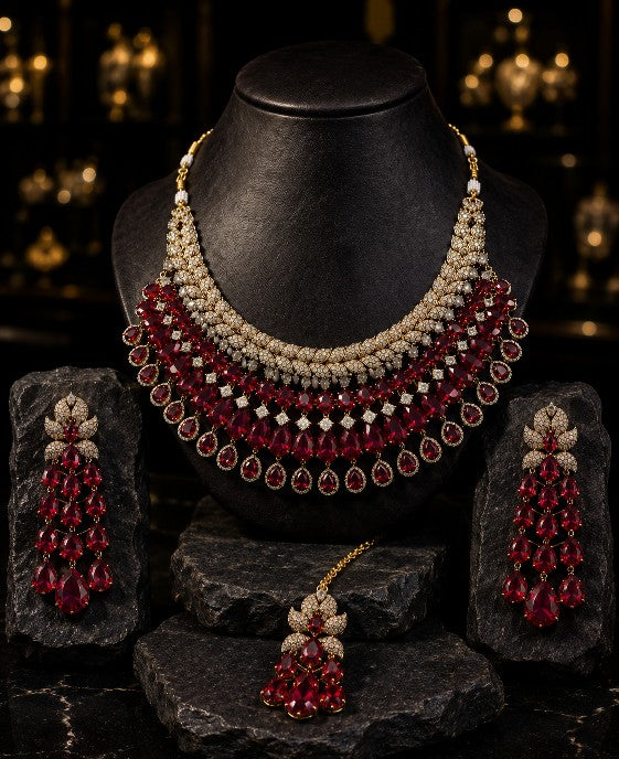 Tavisi Ruby Maharani Original AD American Diamond Ruby Red Stone Choker Earrings Maang Tikka Set Premium Brass Casting Jewellery Display