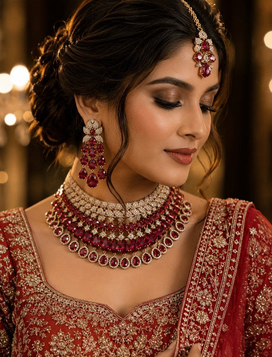 Tavisi Ruby Maharani Bridal Model Wear Choker Necklace Earrings Chutti Set with AD White Stones Premium Brass Casting Luxury Wedding Jewellery with Long Lasting Shine for Everyday Luxury