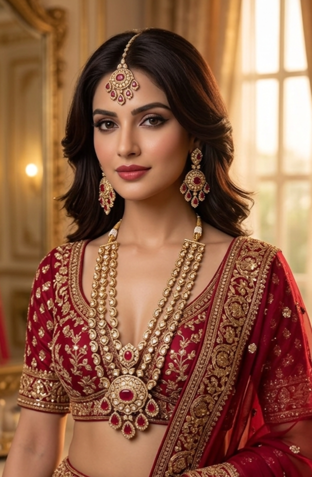 Woman wearing Tavisi Ruby Majesty layered bridal necklace set with AD, CZ, ruby pink stones and mehanti color finish.