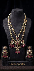 Tavisi Ruby Noir layered necklace set with AD stones, CZ stones, ruby pink beads, brass casting and mehanti