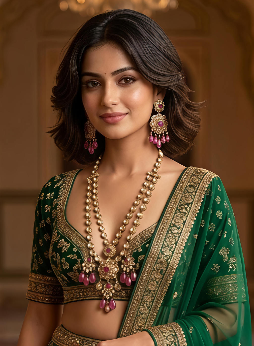 Woman wearing Tavisi Ruby Noir layered bridal necklace set with AD, CZ, ruby pink stones and mehanti finish.