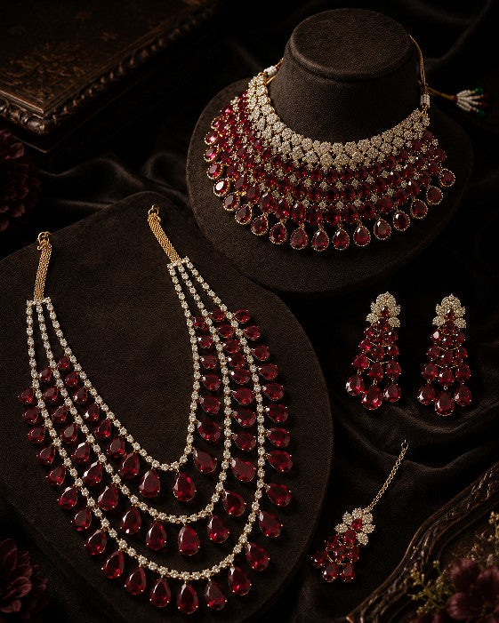 Tavisi Ruby Rajkumari Original AD White Stone Ruby Red Bridal Necklace Choker Earrings Chutti Set Premium Brass Casting Luxury Jewellery with Long Lasting Shine for Everyday Luxury