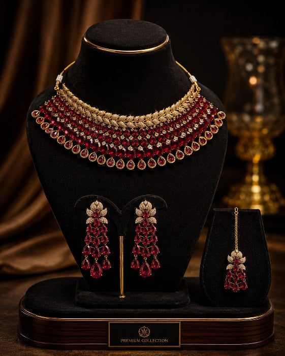 Tavisi Ruby Rajkumari Complete Bridal Jewellery Collection with Original AD Stones Ruby Red Stones Premium Brass Casting Wedding Set