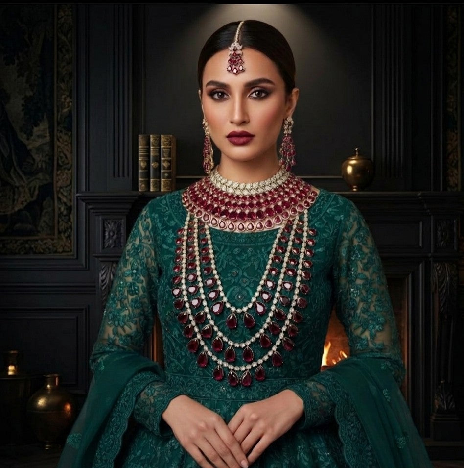 Tavisi Ruby Rajkumari Luxury Wedding Jewellery Set Featuring AD American Diamond Stones Ruby Red Design Premium Brass Casting Long Lasting Shine for Everyday Luxury