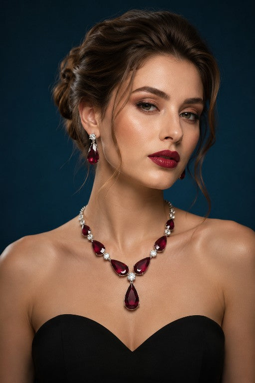 Tavisi Ruby Red AD CZ White Stone Necklace Earrings Set Model Wear Premium Brass Casting Luxury Jewellery with Long Lasting Shine for Everyday Luxury