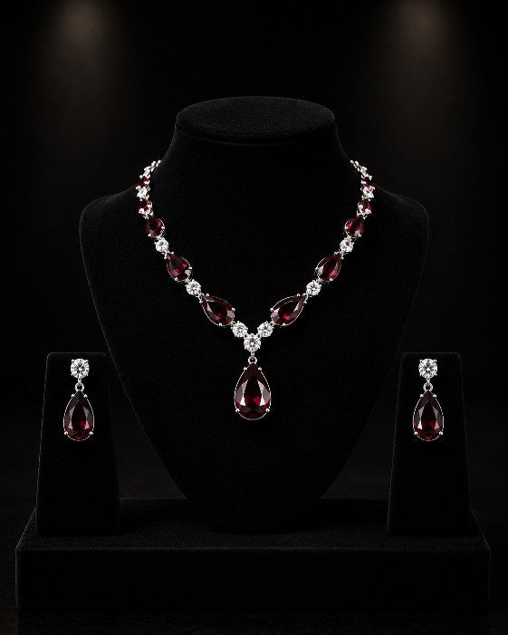 Tavisi Ruby Red AD CZ White Stone Necklace Earrings Set Premium Brass Casting Luxury Jewellery with Long Lasting Shine for Everyday Luxury