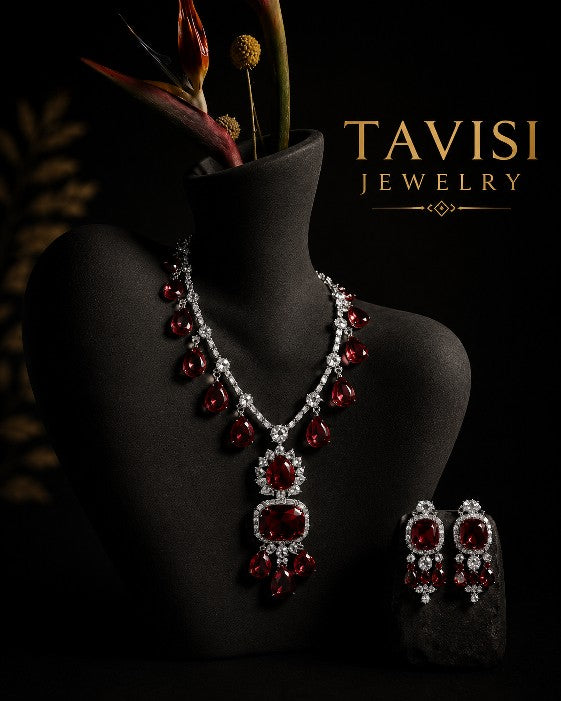 Tavisi Ruby Red AD CZ White Stone Necklace Set Premium Brass Casting Jewellery
