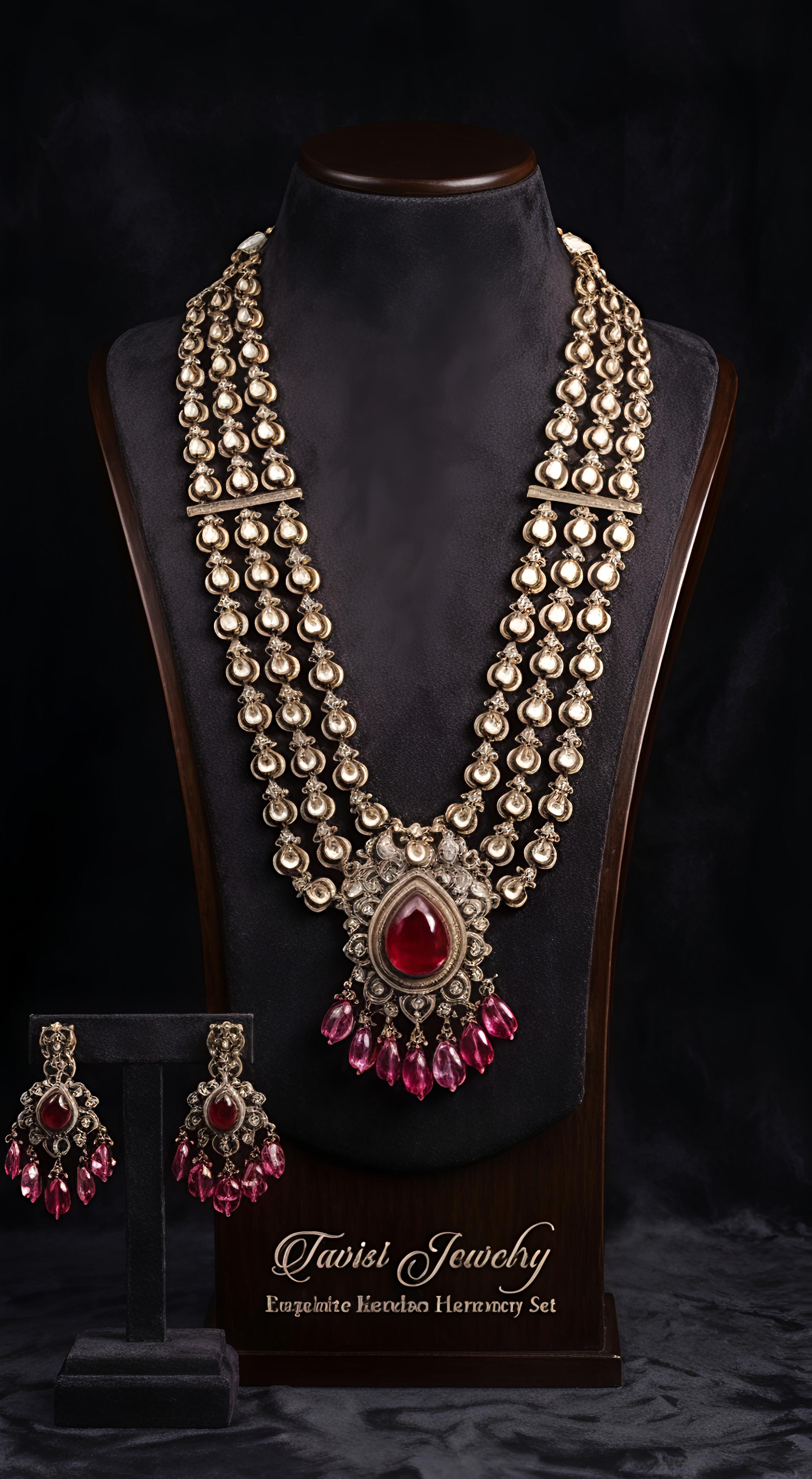 Tavisi Ruby Royale layered necklace set with AD stones, white CZ stones, ruby red stones, ruby beads, brass casting and mehanti color finish.