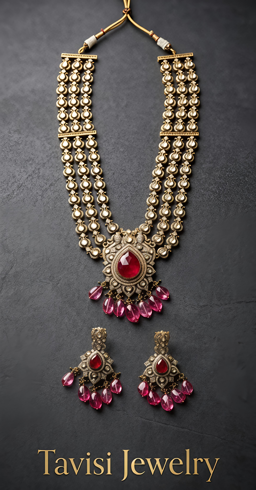 Close-up of Tavisi Ruby Royale layered necklace with white CZ stones, AD detailing, ruby red stones, ruby beads and mehanti color brass casting.