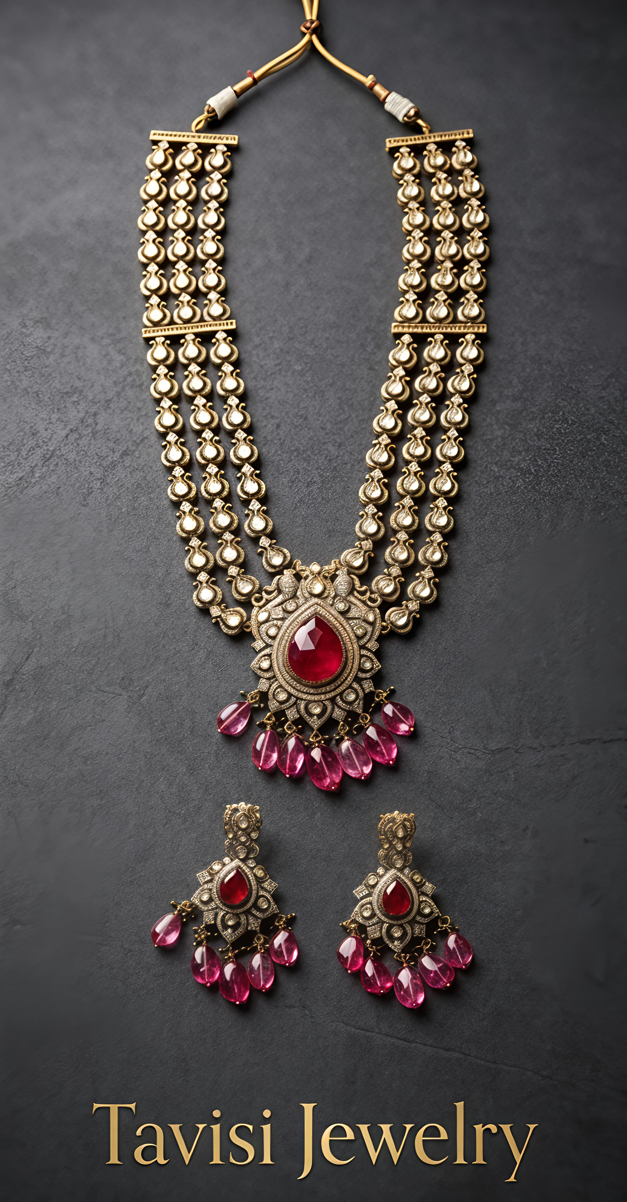 Close-up of Tavisi Ruby Royale layered necklace with white CZ stones, AD detailing, ruby red stones, ruby beads and mehanti color brass casting.