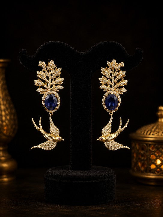 Tavisi Sabyasachi Inspired Blue Bird Motif AD CZ Gold Plated Brass Statement Earrings for Women