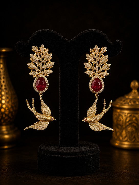 Tavisi Sabyasachi Inspired Red Bird Motif AD CZ Gold Plated Brass Statement Earrings for Women