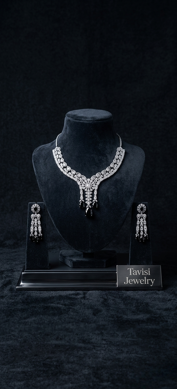 Tavisi Sapphire Aura AD CZ Necklace Set Premium Brass Casting Jewellery
