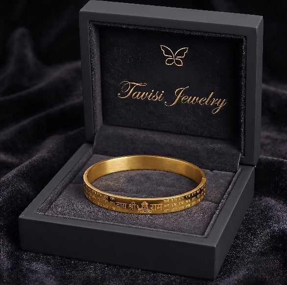 Tavisi Shree Ram engraved kada size 2.4 in gold plated 316L surgical stainless steel with anti tarnish waterproof finish for men
