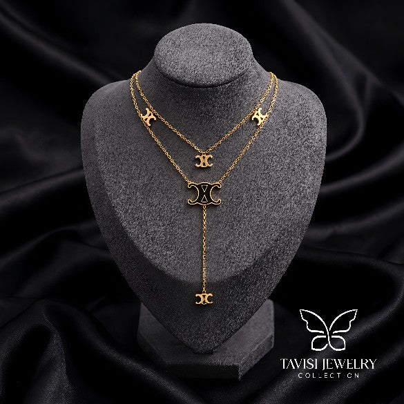 Tavisi signature black enamel logo layered anti tarnish gold necklace for women