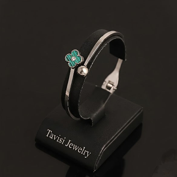 Tavisi Silver Clover Charm Bracelet in 316L surgical stainless steel with anti tarnish silver finish, green enamel clover centerpiece, adjustable fit, long lasting shine, size 2.4
