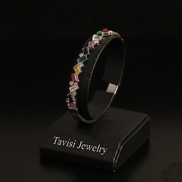 Tavisi Silver Multi-Color Stone Bracelet in 316L surgical stainless steel with anti tarnish silver finish, colorful CZ stone detailing, lightweight waterproof design, size 2.4
