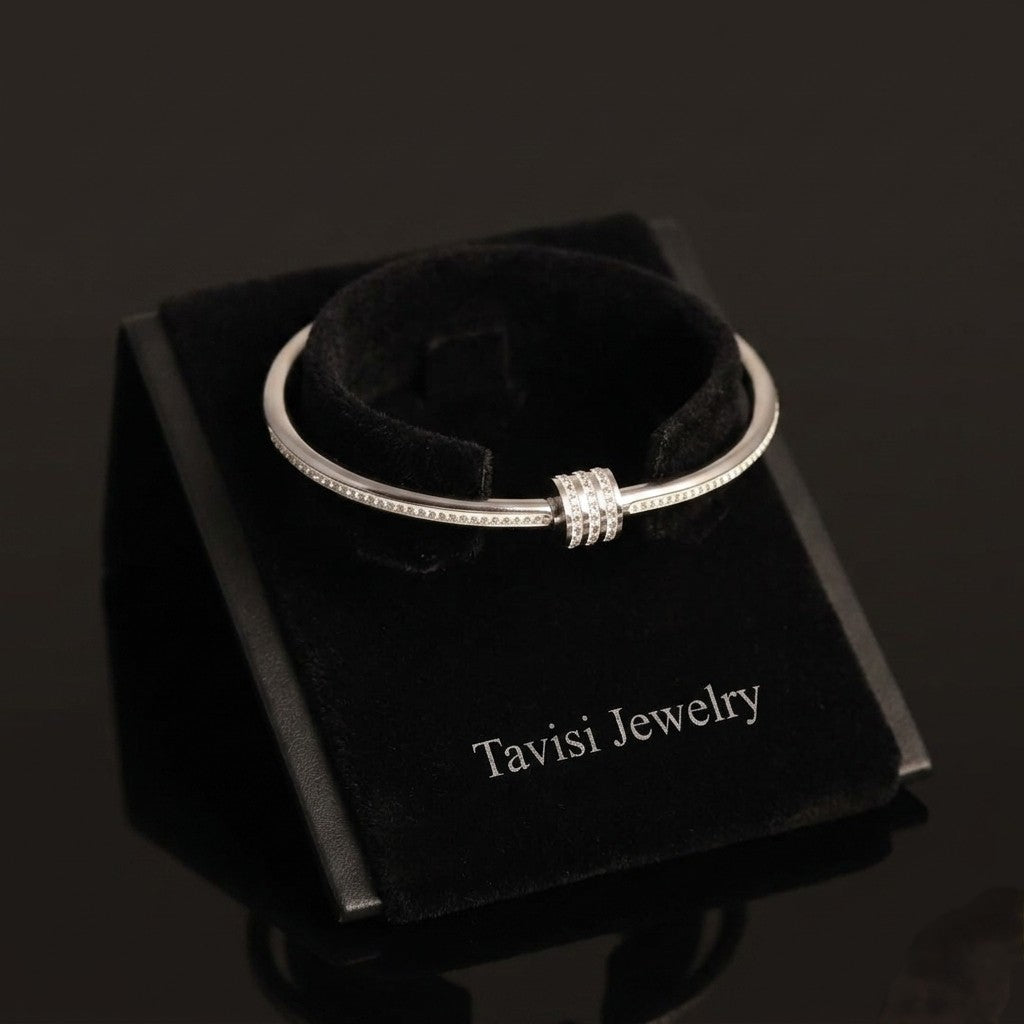 Tavisi Silver Trio CZ Kada in 316L surgical stainless steel with trio CZ centerpiece, silver finish, anti tarnish protection, long lasting shine, size 2.6
