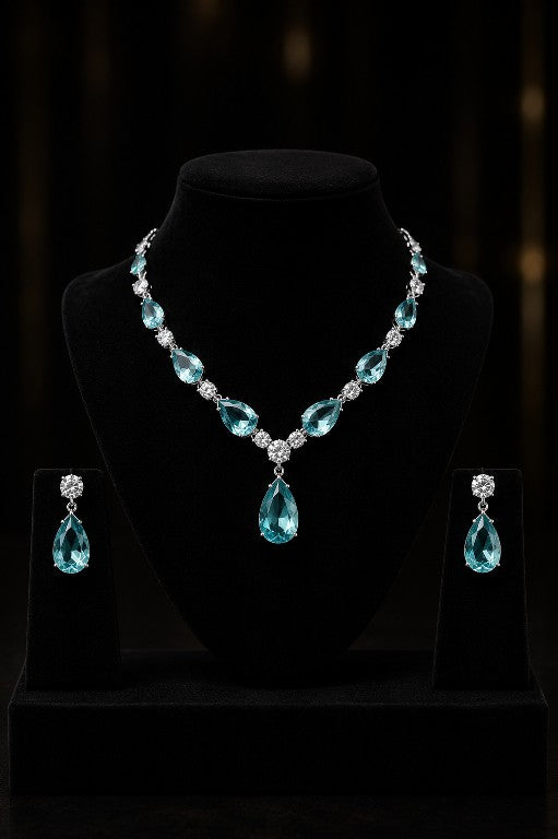 Tavisi Sky Blue AD CZ White Stone Necklace Earrings Set Premium Brass Casting Luxury Jewellery with Long Lasting Shine for Everyday Luxury