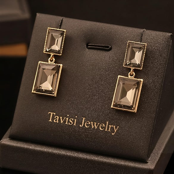 Tavisi smoky grey rectangle crystal drop earrings with 22K gold plating and anti tarnish finish for women
