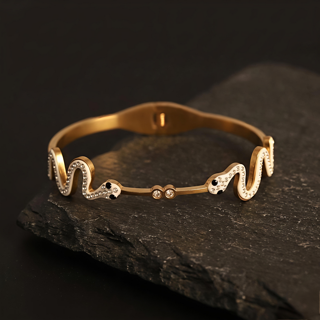 Premium snake inspired waterproof long lasting gold kada bracelet with AD stones by Tavisi Jewellery