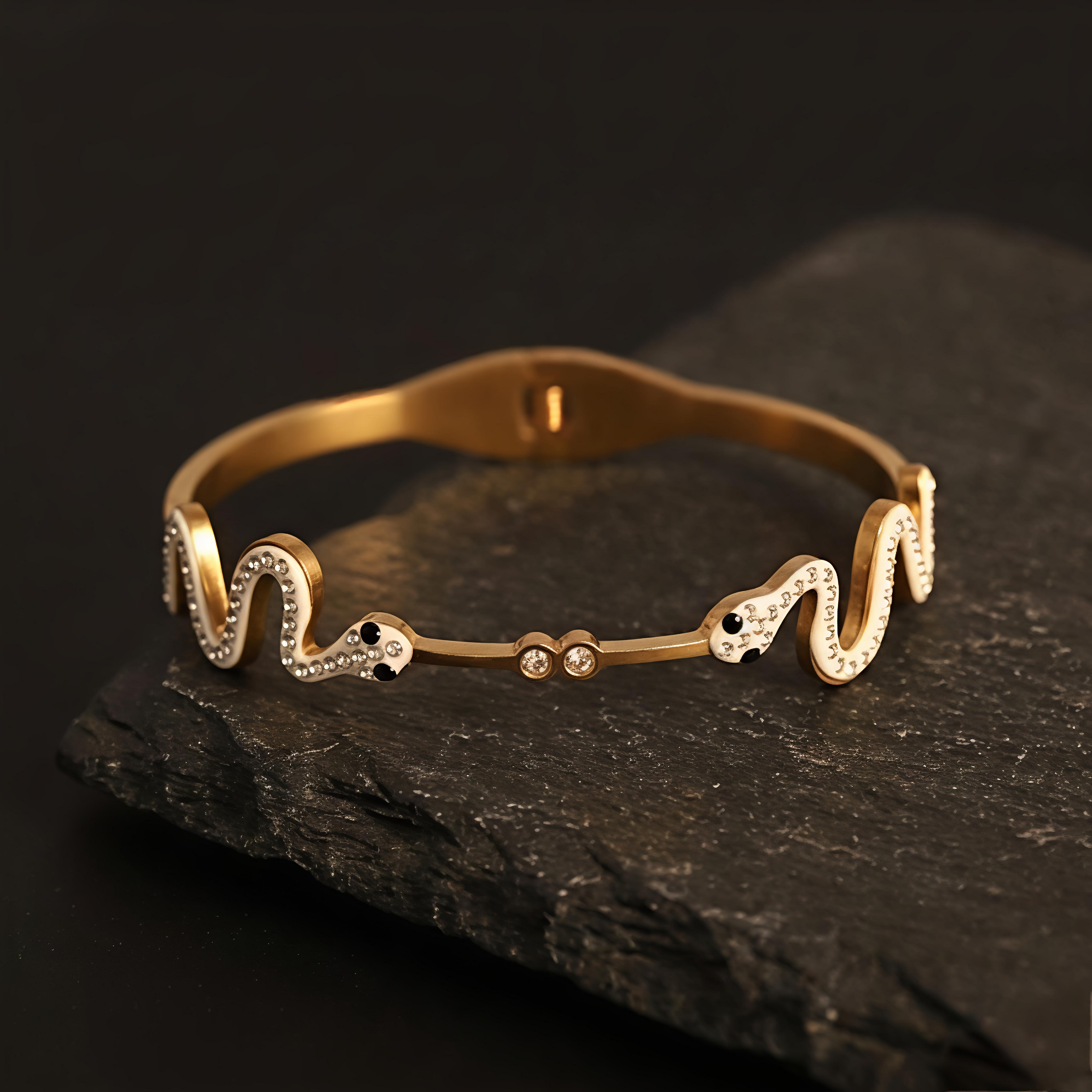 Premium snake inspired waterproof long lasting gold kada bracelet with AD stones by Tavisi Jewellery
