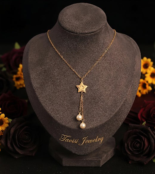 Tavisi Stella Pearl Glow Necklace 18K gold plated 316L surgical stainless steel anti tarnish jewellery with pearl drops
