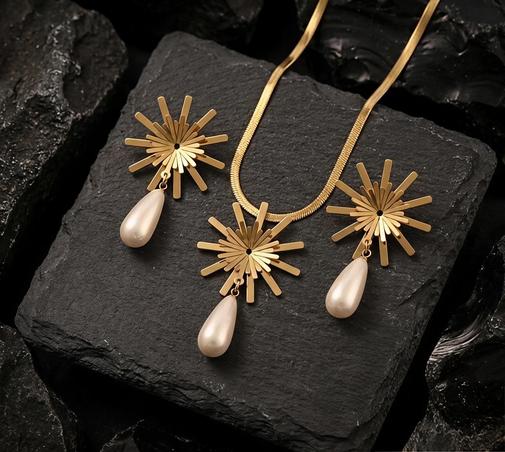 Premium Tavisi Sunburst Pearl Necklace & Earrings Set with pearl drops 22K gold plated stainless steel waterproof anti tarnish long lasting jewellery closeup