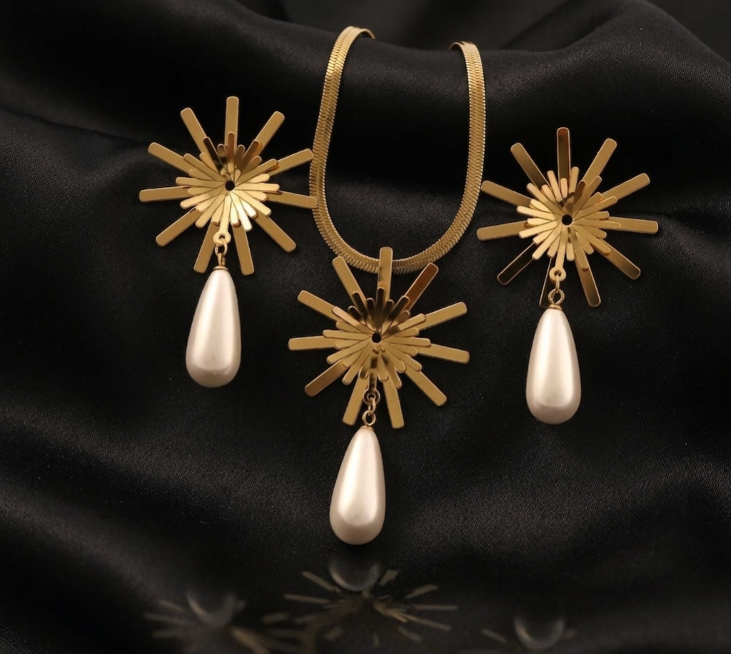 Tavisi Sunburst Pearl Necklace & Earrings Set with 22K gold electroplating anti tarnish stainless steel jewellery premium long lasting shine model view 