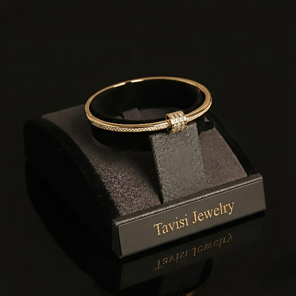 Tavisi Trinity Spark Bangle bracelet size 2.4 with CZ stones in 316L surgical stainless steel and 22K gold plated anti tarnish finish, waterproof lightweight bracelet for women
