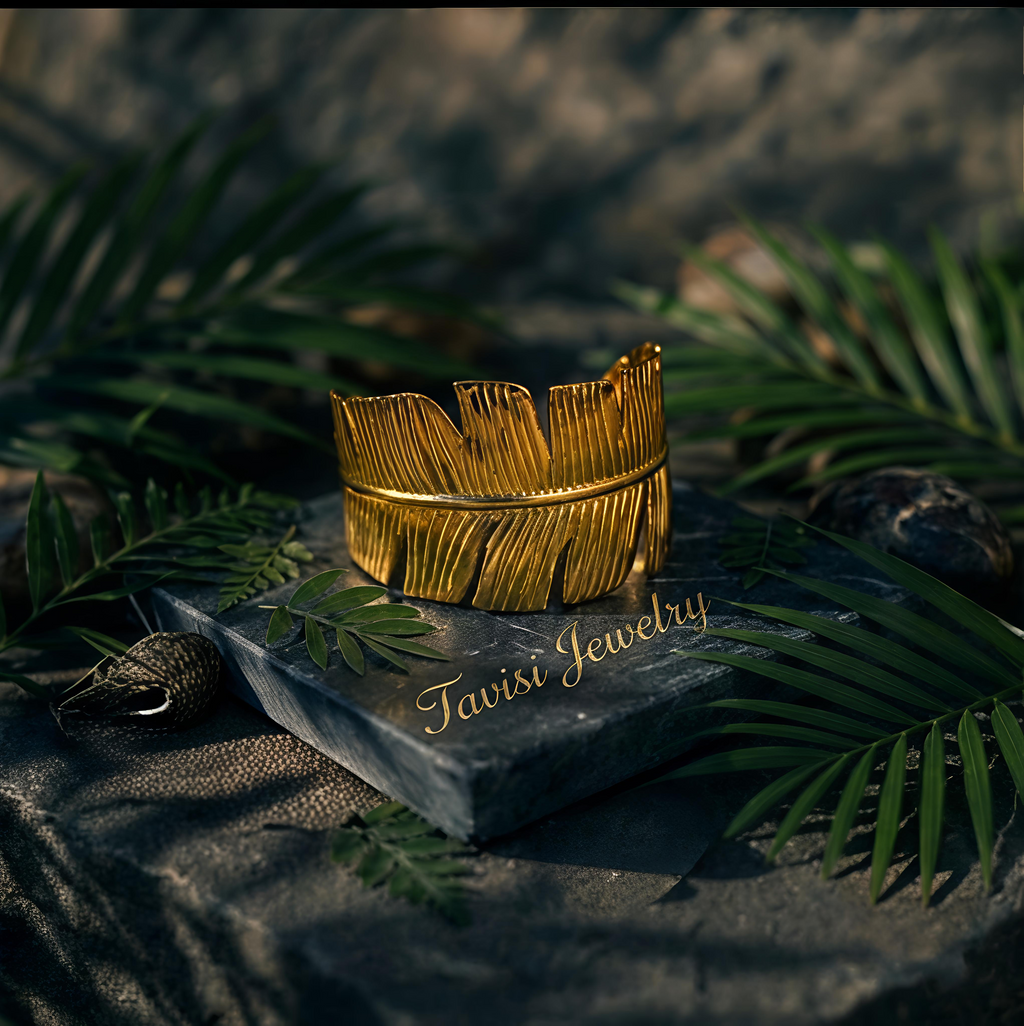 Front view of Tavisi Verdelle luxury gold plated anti tarnish leaf bracelet crafted in premium 316L stainless steel for women
