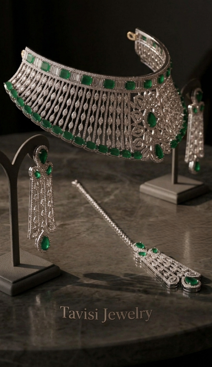 Tavisi long lasting brass casting AD jewelry set with emerald green stones and premium silver finish.