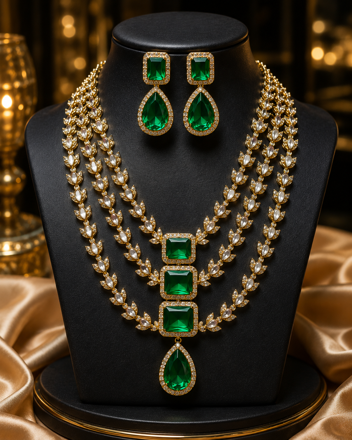 Front view of Tavisi Victorian three layer polki kundan necklace set with white stones and emerald green stones.