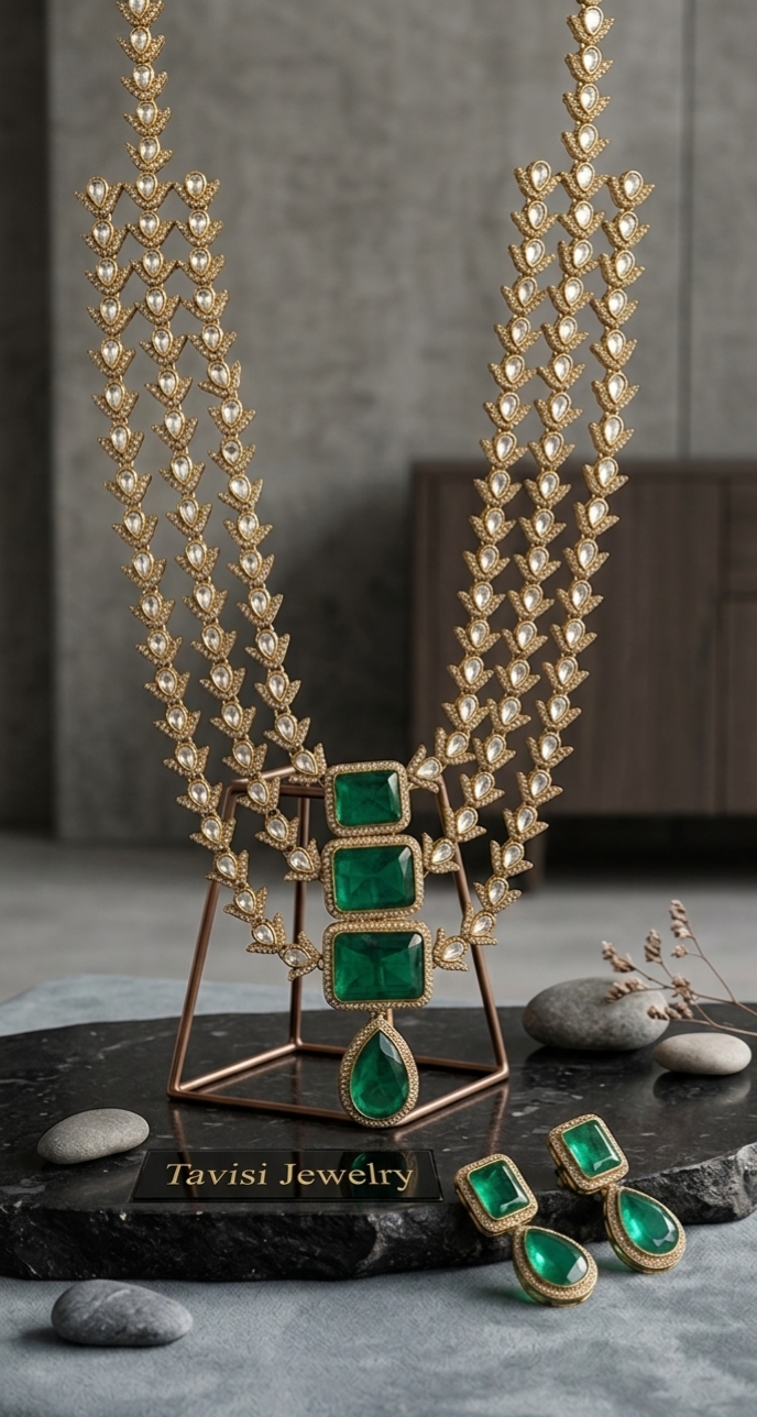 Close-up detail of Tavisi Victorian polki kundan necklace set with white stones, emerald green stones and three layer design.