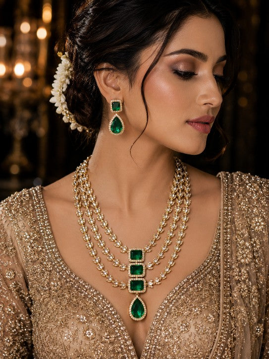 Model wearing Tavisi Victorian three layer polki kundan necklace set with white stones and emerald green stones.