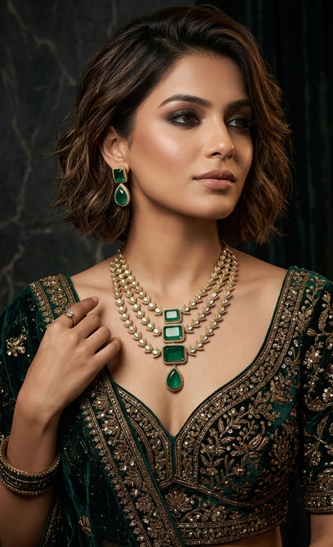 Model wearing Tavisi Victorian three layer polki kundan necklace set with white stones and emerald green stones.